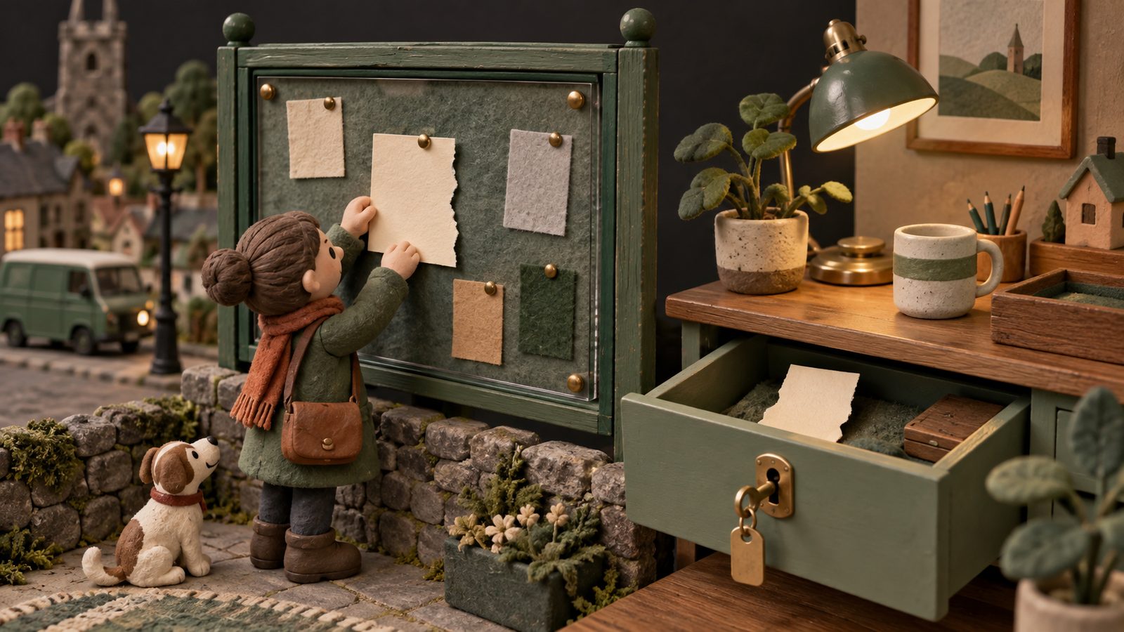 Clay diorama of a paper sheet torn in two, one half pinned to a glass public noticeboard and the other locked in a sage-green drawer