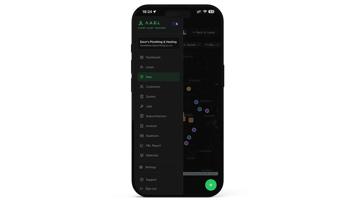 A.X.E.L job management software on a mobile phone