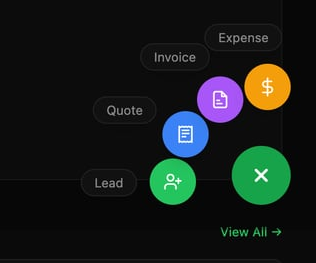 Quick-add button expanded showing Lead, Quote, Invoice, and Expense options