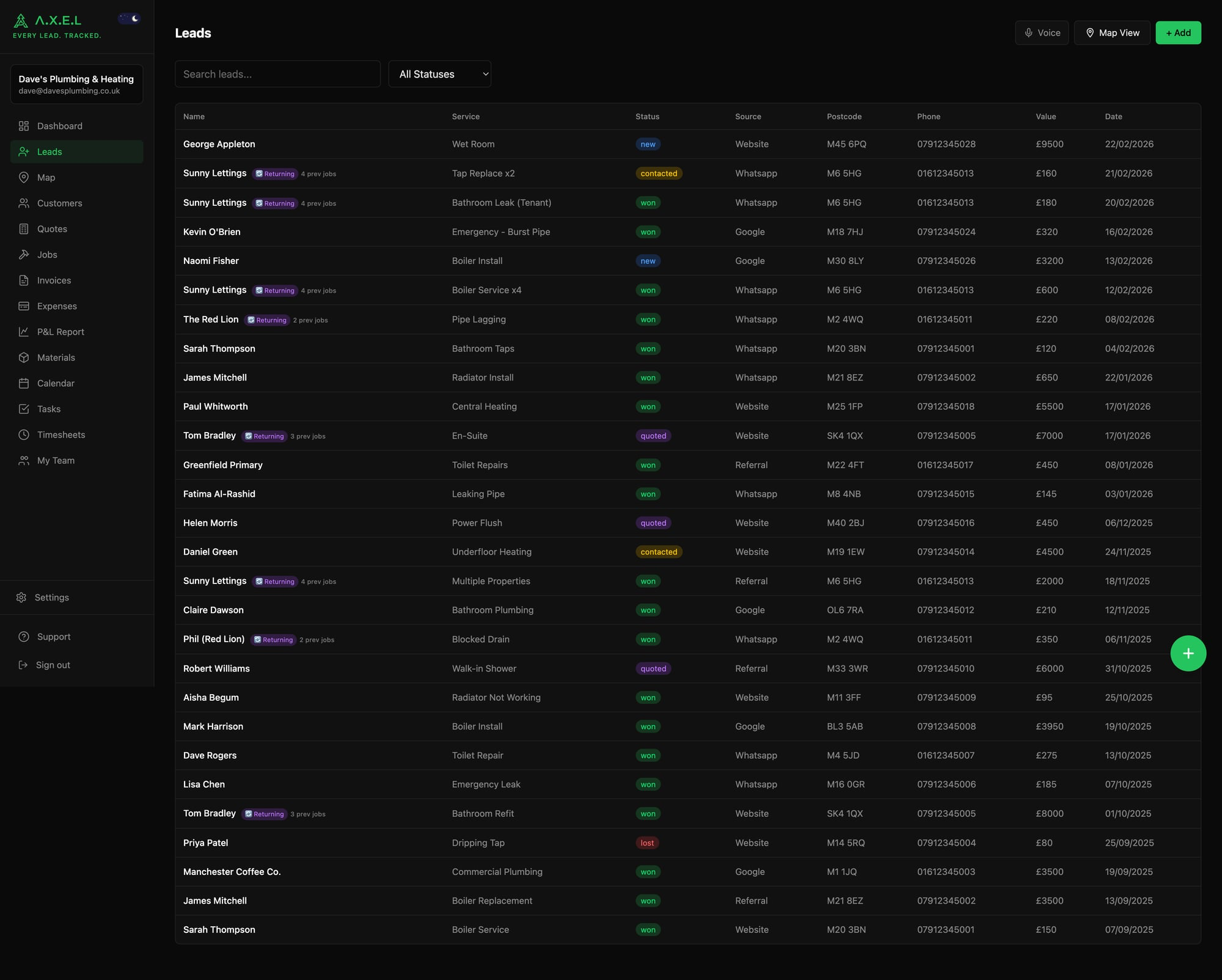 Leads list with the green + button visible in the bottom corner