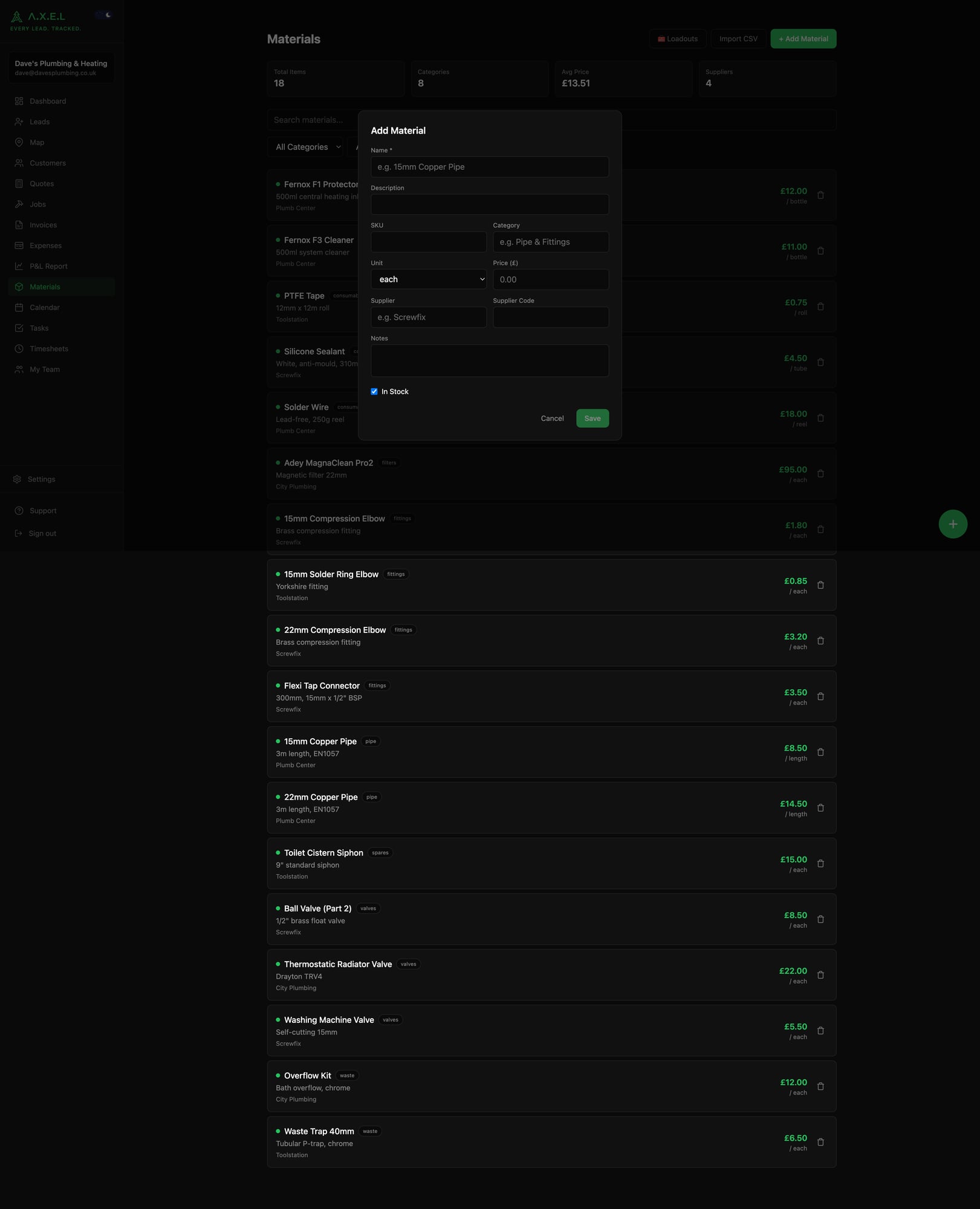 Add Material form with fields for name, description, category, unit, price and supplier