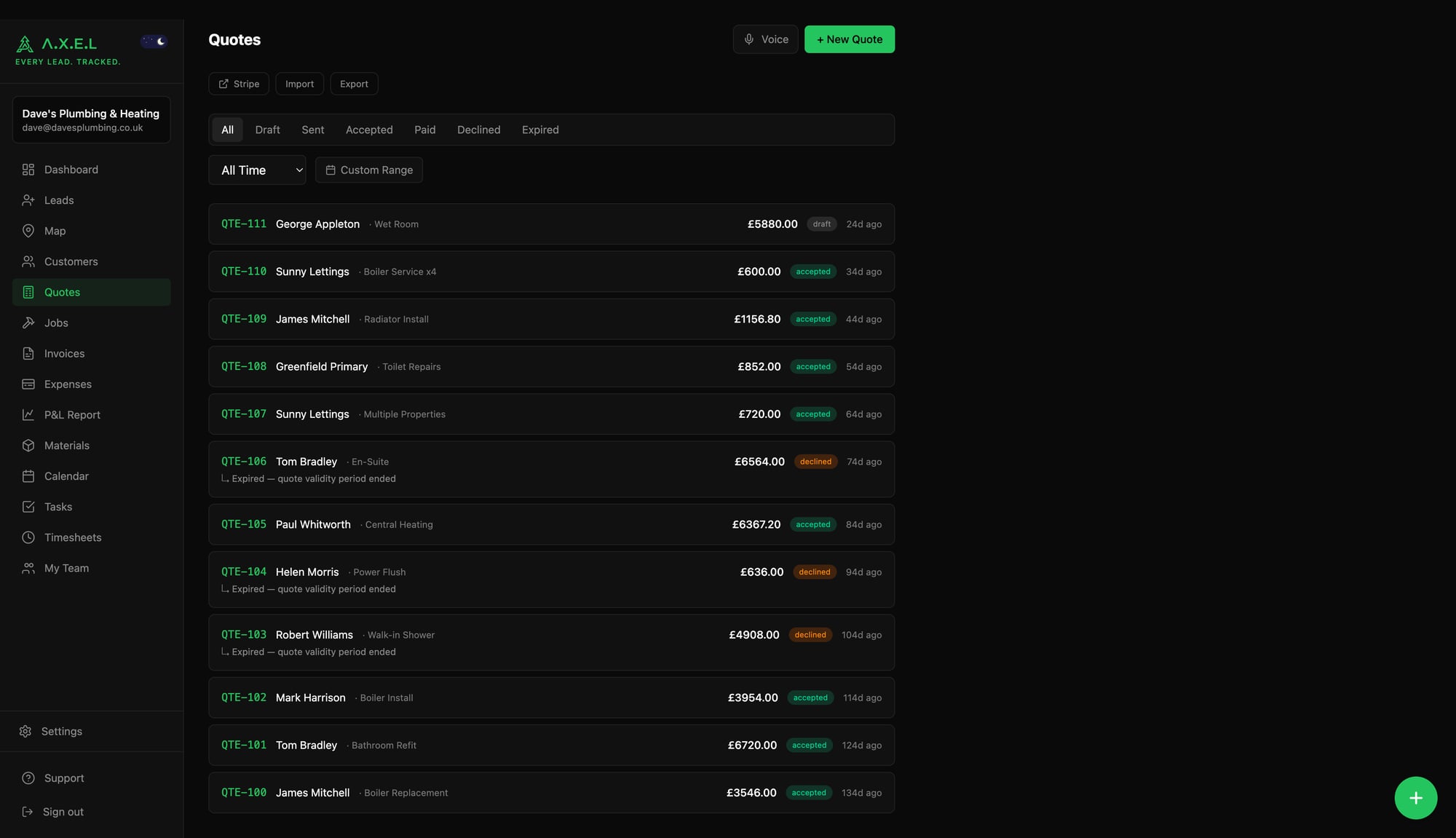 Quotes list showing all quotes with status filters, amounts, and customer names