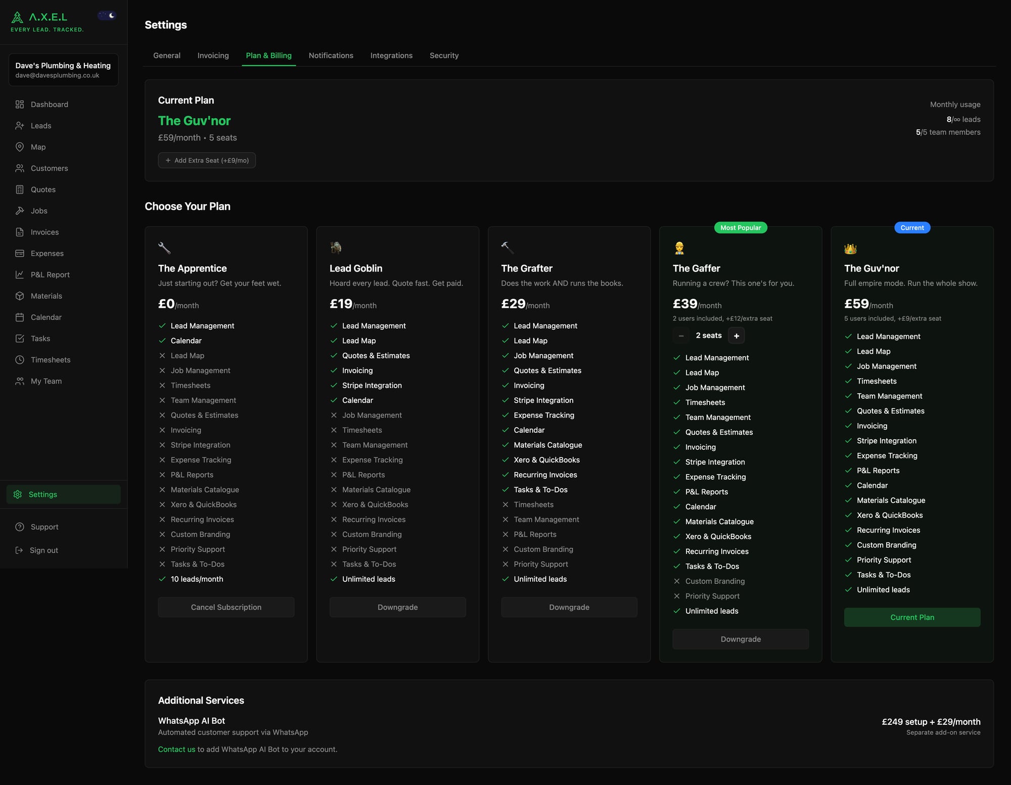Plan & Billing page showing all five subscription tiers