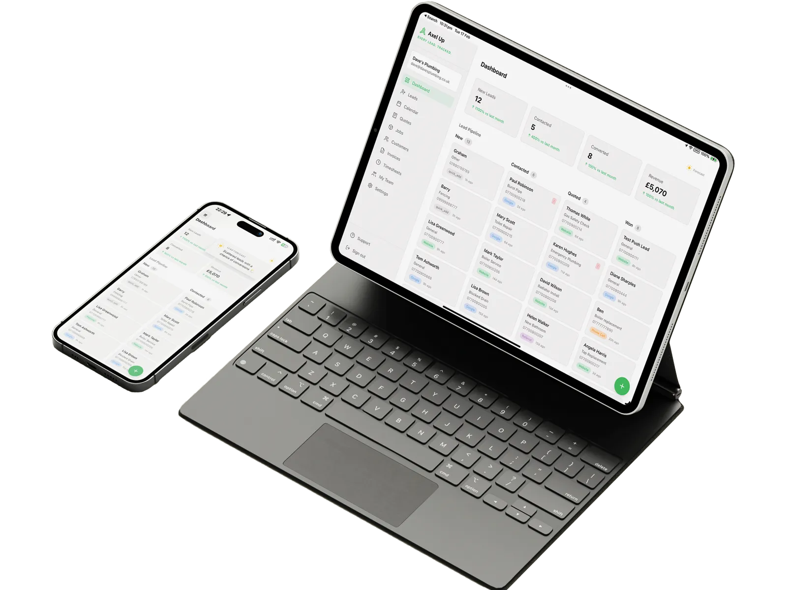 Axel Up lead management platform — dashboard showing lead pipeline, job tracking, and revenue stats on iPad and iPhone