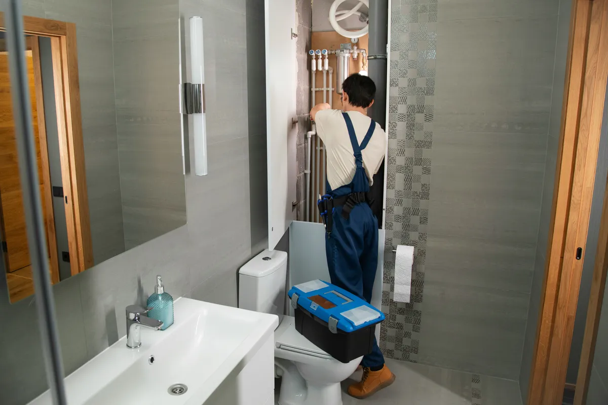 Plumber fixing pipes in a bathroom